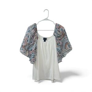 Daytrip White Blouse with Blue and Pink Patterned Sleeves